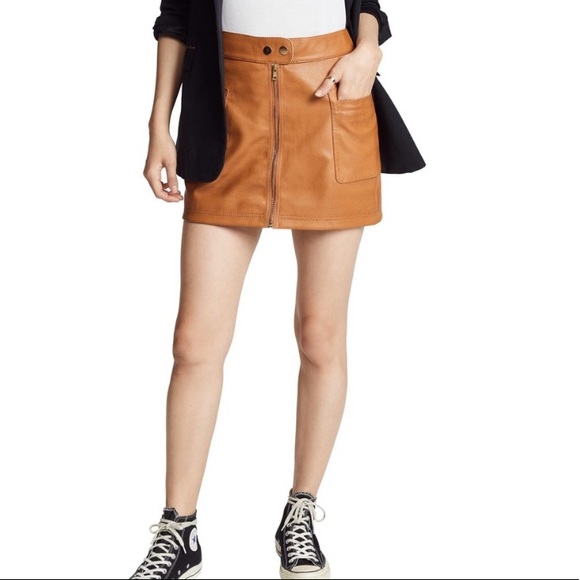 Free People Cognac Vegan Leather Zipper Front Mini Skirt 2 - Picture 4 of 11